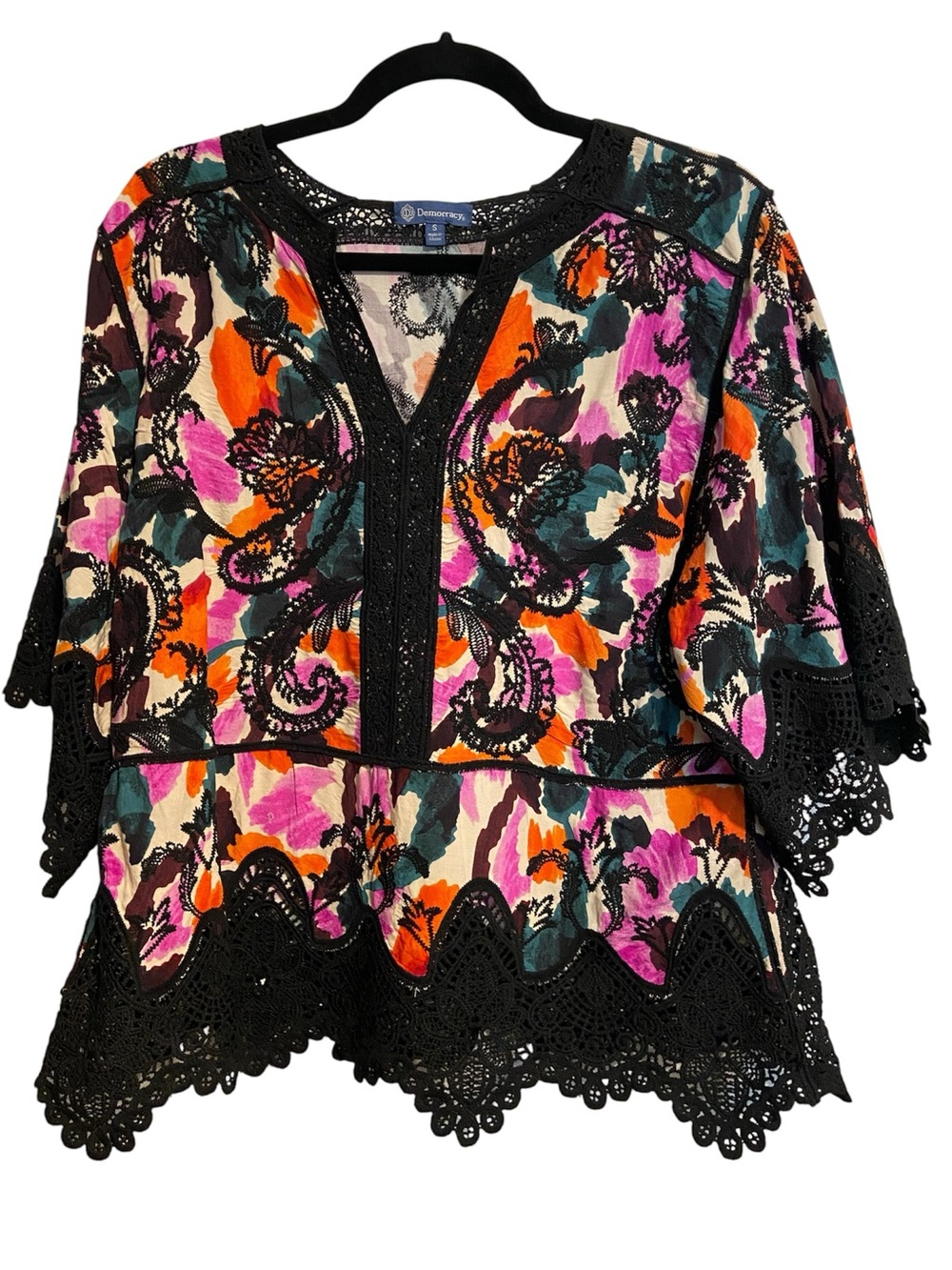 Democracy Embroidered Crochet Peplum Top Black Multi Size S Boho Euro Summer